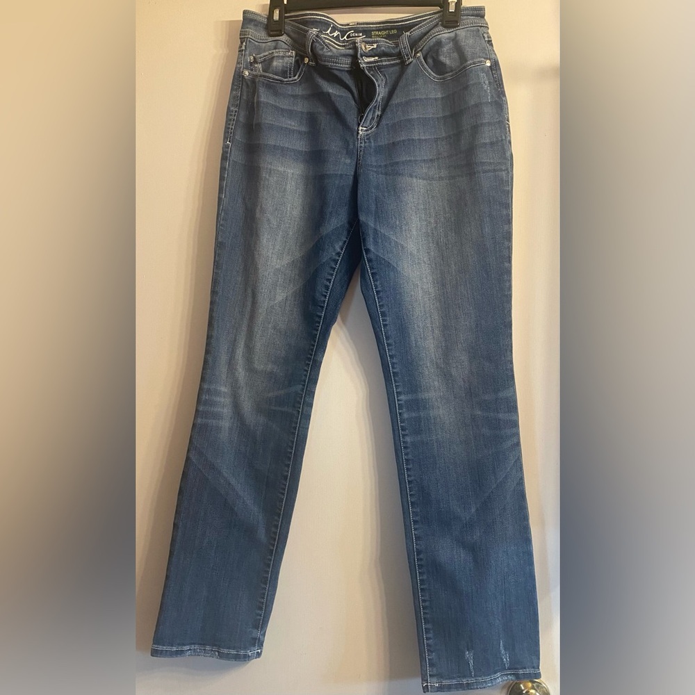 INC women’s jeans double Button straight Leg regular fit size 12. Blue jeans